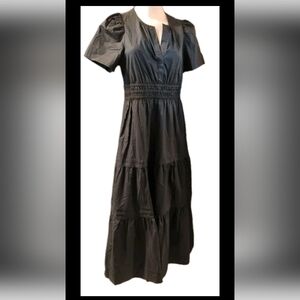 Quince Maxi Dress Women Small Black 100% Organic Cotton Poplin Tiered Split Neck